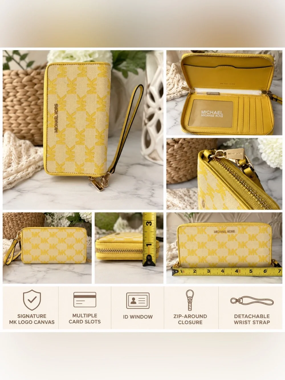 Michael Kors Yellow MK Monogram Zip-Around Wristlet Wallet
